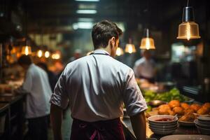 Head of Chef from behind checking food preparation AI generated photo