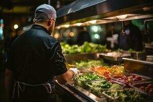 Head of Chef from behind checking food preparation AI generated photo