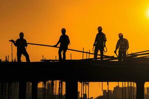 construction workers in silhouette working on high rise building AI generated photo