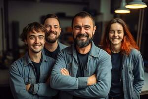 potrait de trabajadores en su casual felizmente con su trabajo ai generado foto