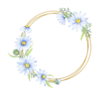 Gold frame, wreath with  chamomile flowers. Floral round border of daisies, watercolor illustration png