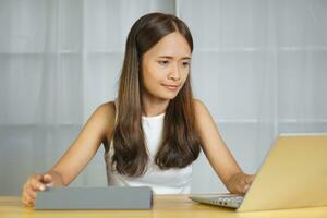 Business woman working happily at home photo