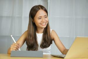 Business woman working happily at home photo