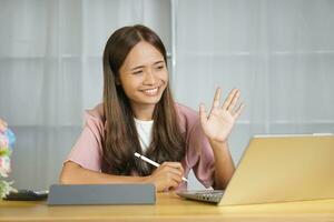 Business woman working happily from more profits On target photo