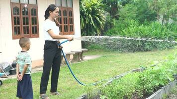 madre e figlio felicemente acqua il verdure quello essi piantato a casa. video