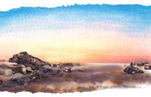 acuarela brillante paisaje. vistoso puesta de sol y costero arenoso playa con piedras mano dibujado ilustración diseño para tu postales, impresión, póster, fondo de pantalla diseño, bandera png