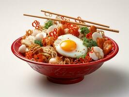 A bowl of ramen with chopsticks on top on a white background, world food day images, AI Generative photo