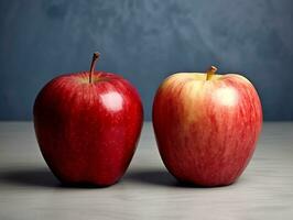 dos rojo manzanas en un gris fondo, mundo comida día imágenes, ai generativo foto