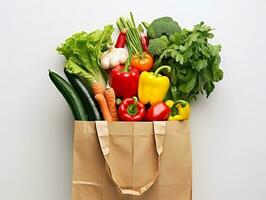 tienda de comestibles compras en papel bolso con vegetales en blanco fondo, mundo comida día imágenes, ai generativo foto