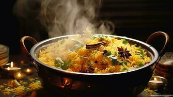 A wide shot of a steaming pot of biryani, world food day images, AI Generative photo