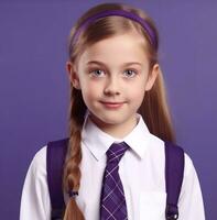 Young girl in new school uniform on purple background young student. stock videos and royalty free footage, world students day images, AI Generative photo