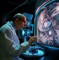 A doctor using a holographic microscope to examine a patients cells, medical stock images, AI Generative photo