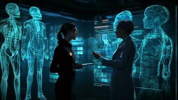 Two scientists talking next to a black screen while they look at the camera and one another, medical stock images, AI Generative photo