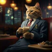 Cat sitting in business suit with teasers and a biscuit on his lap, boss day images, AI Generative photo