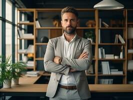 Man in a suit standing in office with his shoulders crossed, boss day images, AI Generative photo