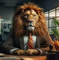 Lion in business suit and tie in a corporate office, boss day images, AI Generative photo