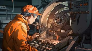 A factory worker operating a cnc milling machine to create a complex metal part, industrial machinery stock photos, AI Generative photo