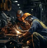 Two construction workers using a grinding machine in a steel factory, industrial machinery stock photos, AI Generative photo