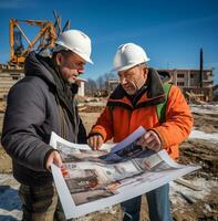 Two construction workers look at blueprints at construction project, industrial machinery stock photos, AI Generative photo