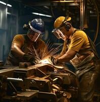 Two construction workers using a grinding machine in a steel factory, industrial machinery stock photos, AI Generative photo