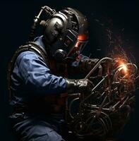 Welding worker on equipment to shape metal, industrial machinery stock photos, AI Generative photo