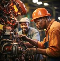 Two industrial workers in hats looking at robots at an assembly line, industrial machinery stock photos, AI Generative photo