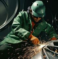 A person wearing a green jacket is grinding metal, industrial machinery stock photos, AI Generative photo