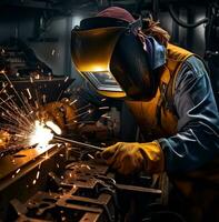 Welder with welding tool at work, industrial machinery stock photos, AI Generative photo