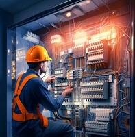 Image of an electrician reading a multimeter on an electrical panel, industrial machinery stock photos, AI Generative photo