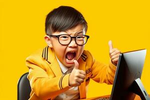 Photo of a happy asian school people with glasses holding a large phone and pointing up showing the empty screen on a yellow or orange studio background, ai generative