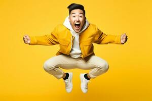 A picture of a happy young asian man jumping in the air in front of a yellow background, ai generative photo