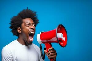 A picture of a young black man happily shouting into a megaphone, ai generative photo