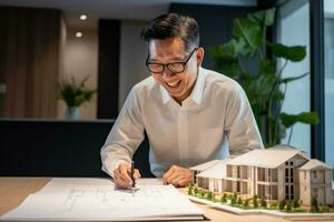 Picture of a smiling asian man signing a rental contract with a real estate broker, ai generative photo