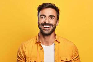 photo of a happy man in jeans and a shirt holding a new device against a plain yellow background, ai generative