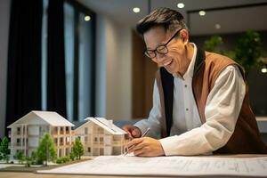 Picture of a smiling asian man signing a rental contract with a real estate broker, ai generative photo