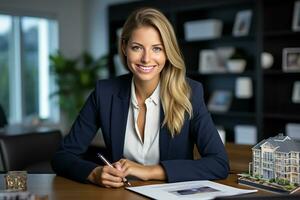 Picture of a happy female real estate agent giving a pen in her home office, ai generative photo