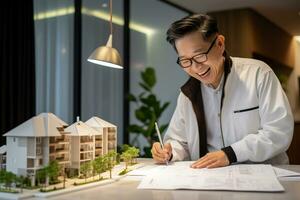Picture of a smiling asian man signing a rental contract with a real estate broker, ai generative photo