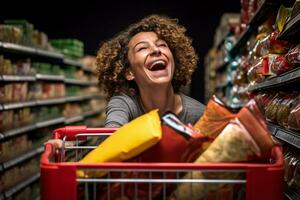 A picture of a happy woman smiling while leaning on a cart full of groceries, ai generative photo