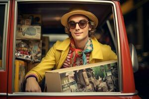 A young man dressed in old-fashioned clothes held up a cardboard box while he looked out the window at the stores, ai generative photo