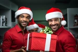 A photo of happy businessmen from different countries wearing santa hats and holding gifts in their office, ai generative