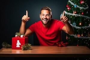 un foto de un hermosa blanco mujer sentado en un mesa siguiente a un Navidad árbol y un éxito firmar haciendo un positivo gesto con su mano, ai generativo