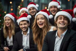 A photo of young business people wearing santa hats on their last workday, ai generative