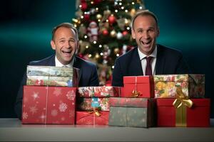 Two smiling office workers standing next to christmas gift boxes, ai generative photo