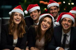 A photo of young business people wearing santa hats on their last workday, ai generative