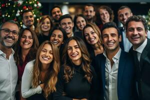 A photo of happy business people celebrating christmas at work, ai generative