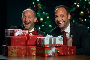 Two smiling office workers standing next to christmas gift boxes, ai generative photo