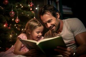 Photo of a father reading stories to his child while they lie next to a decorated christmas tree, ai generative