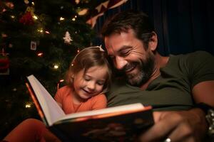 Photo of a father reading stories to his child while they lie next to a decorated christmas tree, ai generative