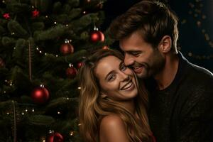 un foto de un joven Pareja abrazando en frente de un Navidad árbol, ai generativo