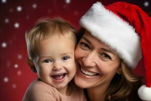 un imagen de un contento madre con su bebé vistiendo un Papa Noel ayudante sombrero, ai generativo foto